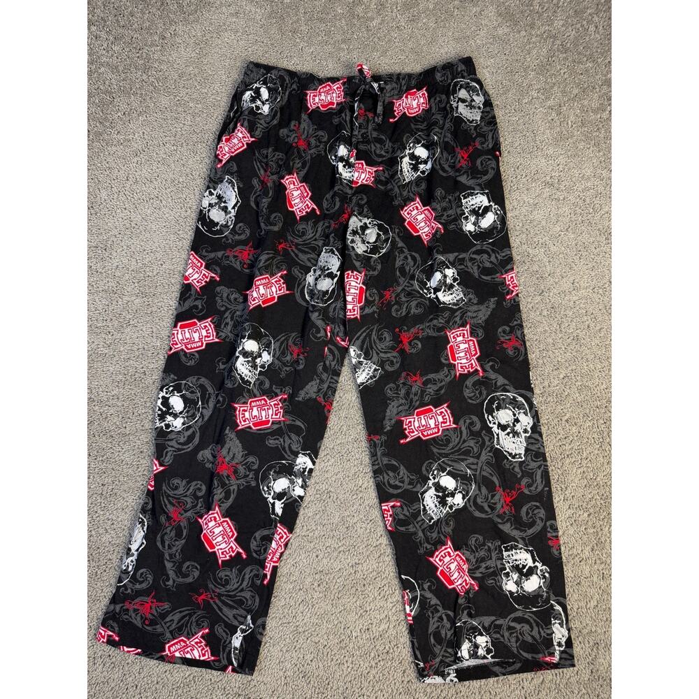 MMA Elite Pajama Pants Mens L Black Skull Print Flannel Lounge Sleepwear